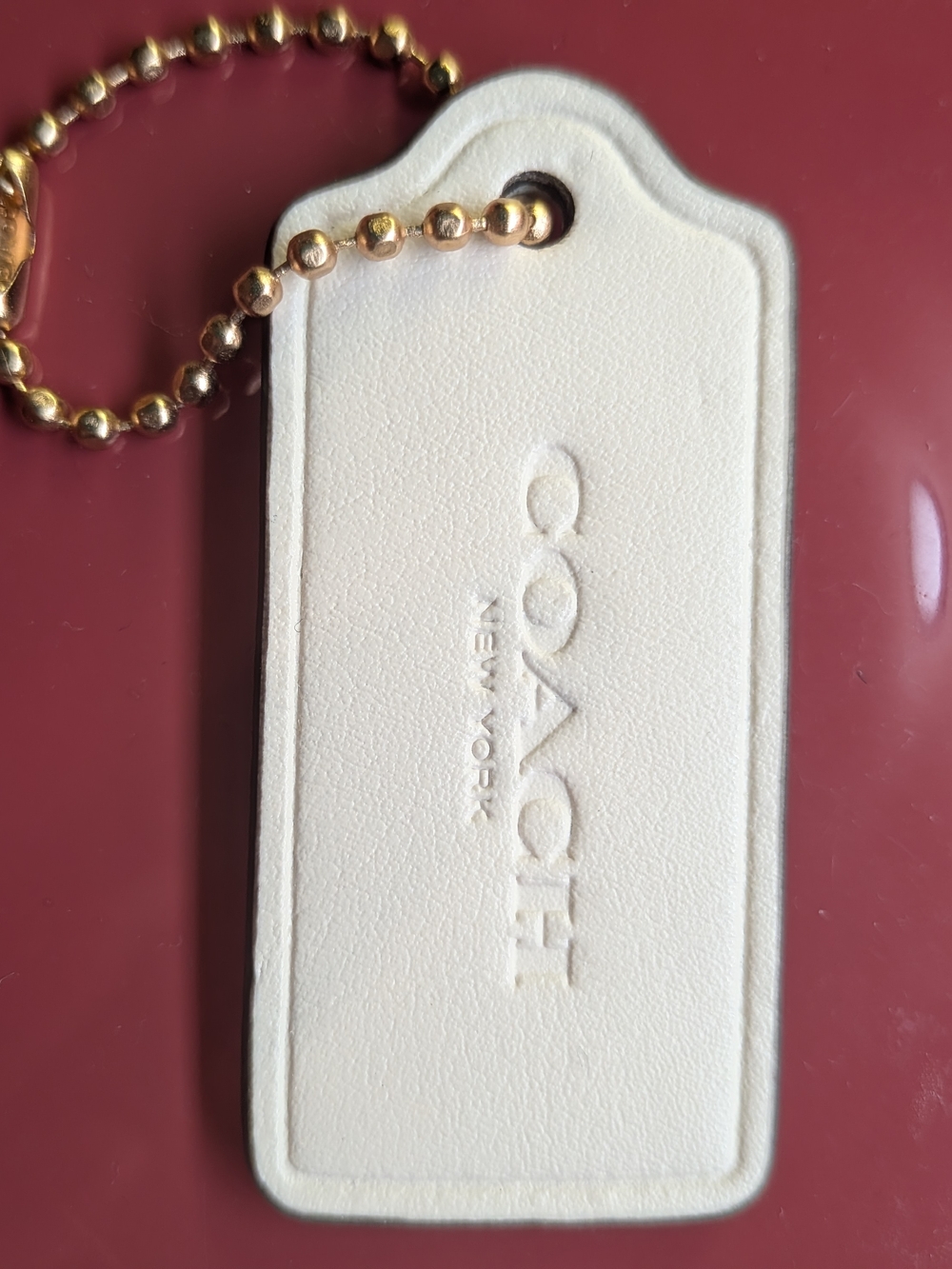 Coach Cream Leather Bag Tag with Gold Ball Chain, Nwot